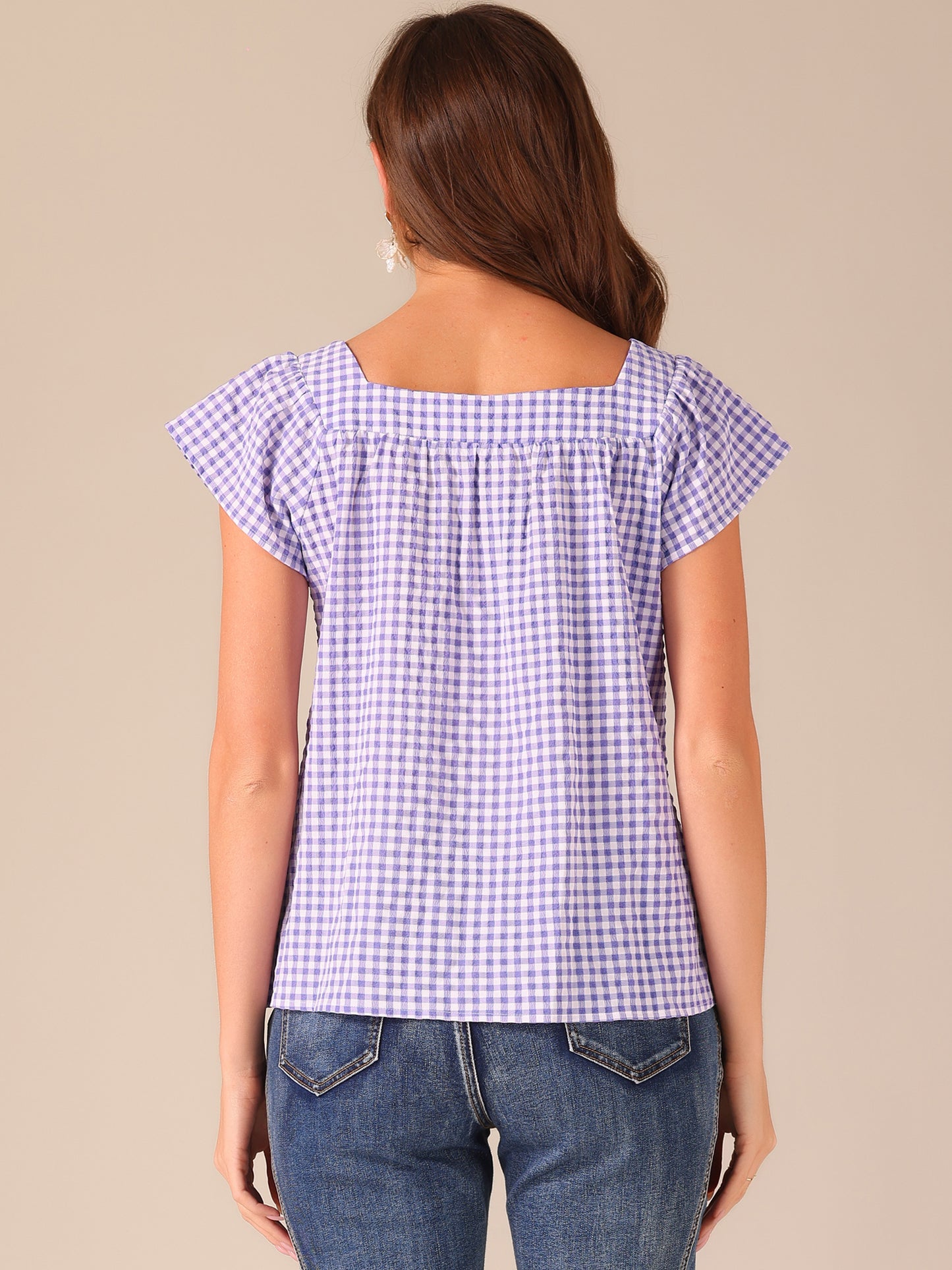 Women's Cap Sleeve Summer Square Neck Gingham Blouse Top