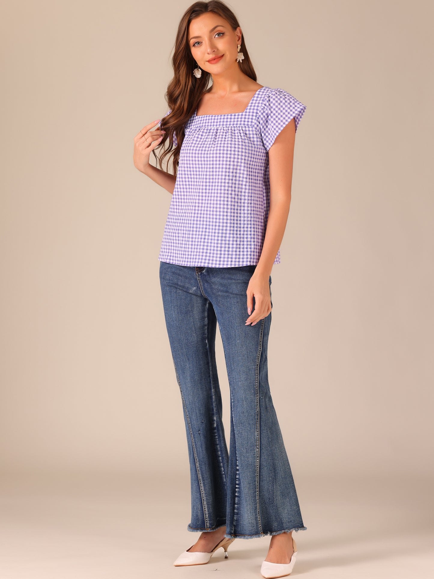 Women's Cap Sleeve Summer Square Neck Gingham Blouse Top
