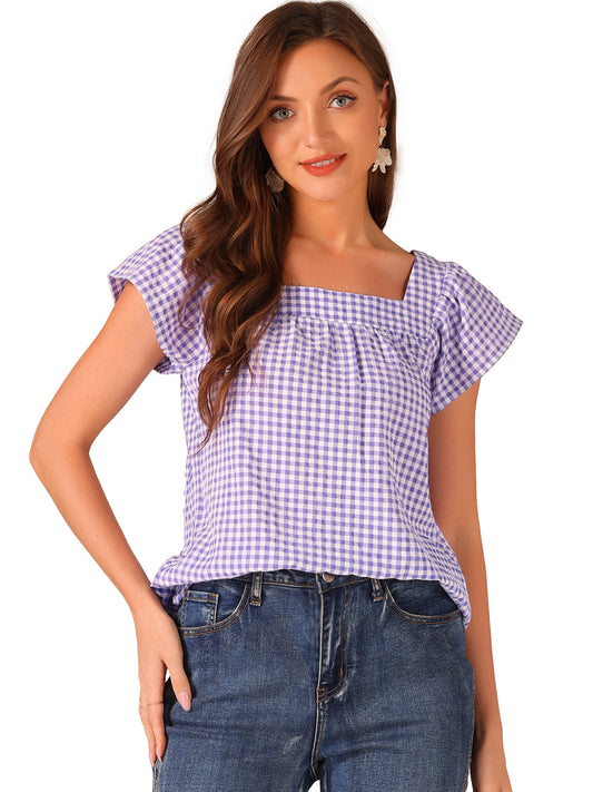 Women's Cap Sleeve Summer Square Neck Gingham Blouse Top