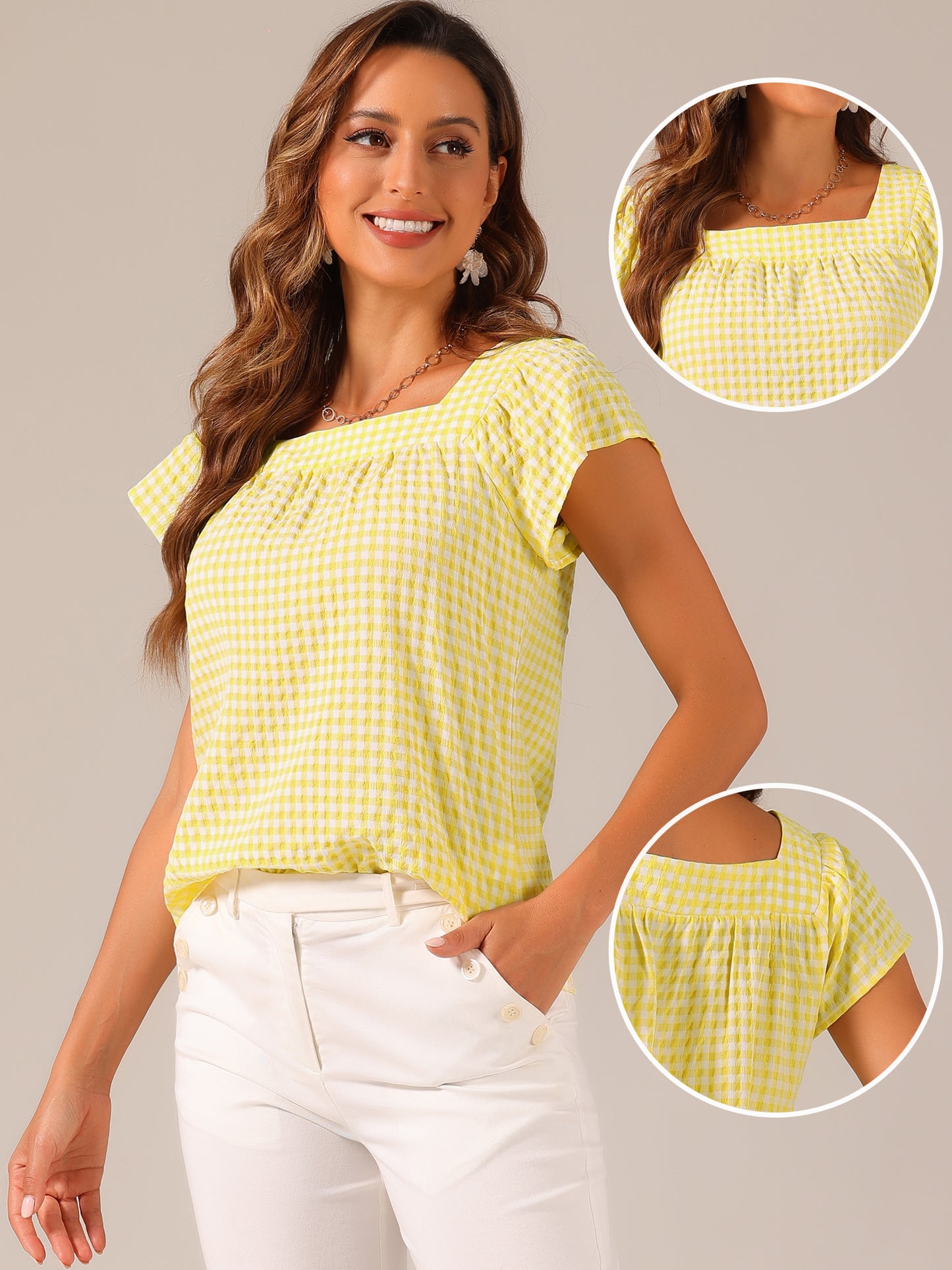 Women's Cap Sleeve Summer Square Neck Gingham Blouse Top