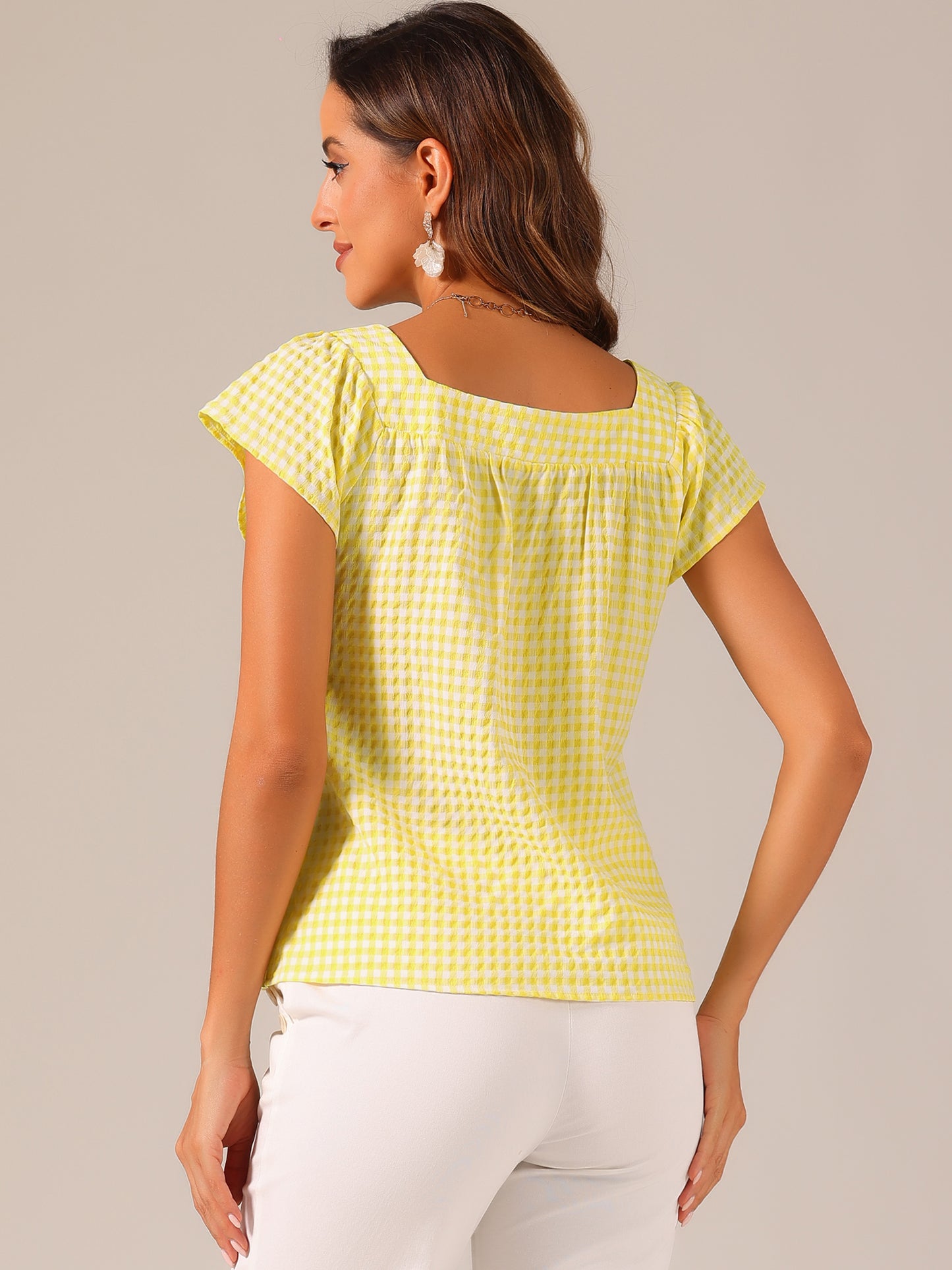 Women's Cap Sleeve Summer Square Neck Gingham Blouse Top
