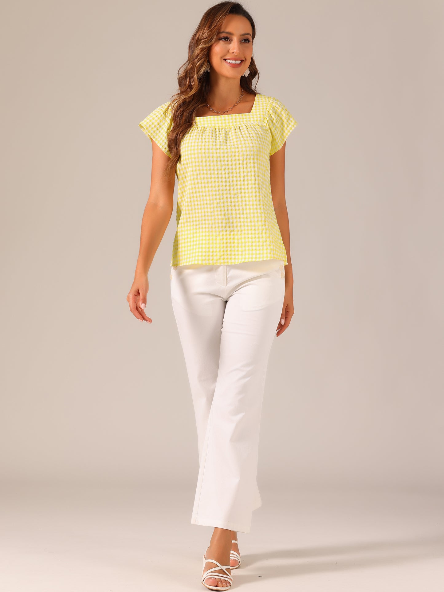 Women's Cap Sleeve Summer Square Neck Gingham Blouse Top