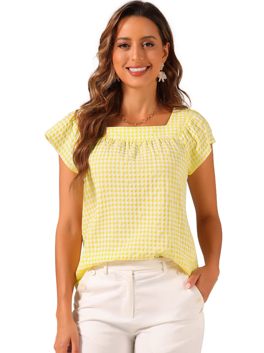 Women's Cap Sleeve Summer Square Neck Gingham Blouse Top