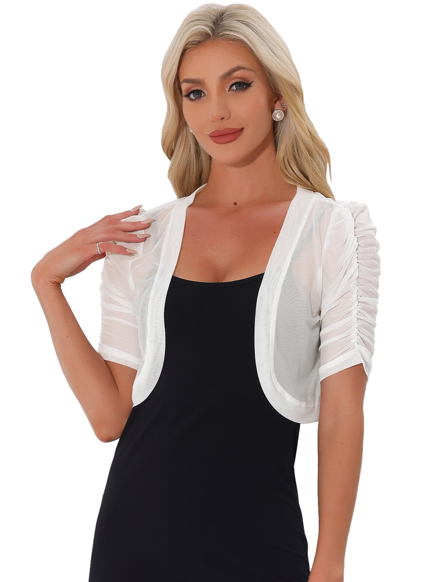 Women's Open Front Cropped Cardigan Bolero Casual Short Sleeve Mesh Sheer Shrug