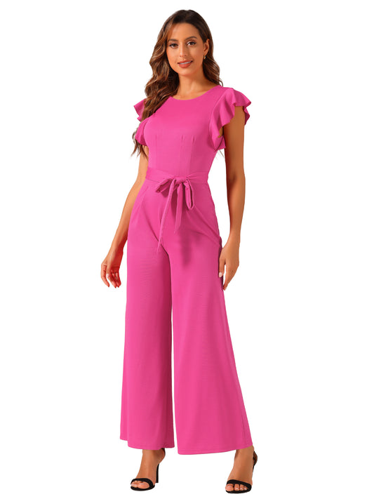 Women's Sleeveless Ruffle Jumpsuits High Waist Wide Legs Belted Elegant Office Romper
