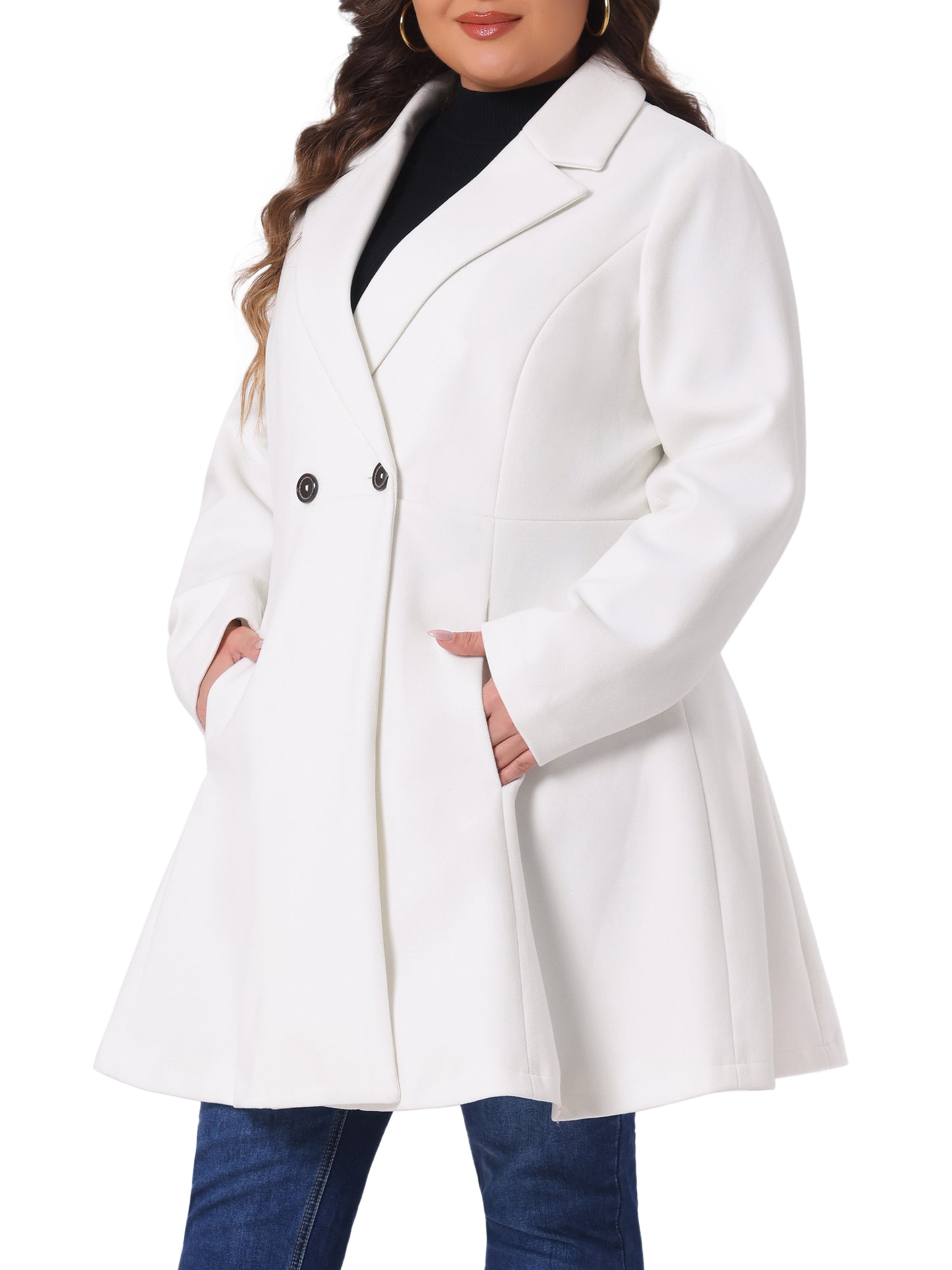 Women Plus Size Peacoat Elegant A Line Notched Lapel Double Breasted Long Coat