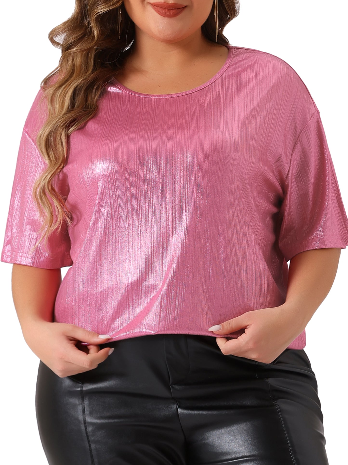 Women Plus Size Top Metallic Round Neck Short Sleeve T-Shirt Party Tee Top