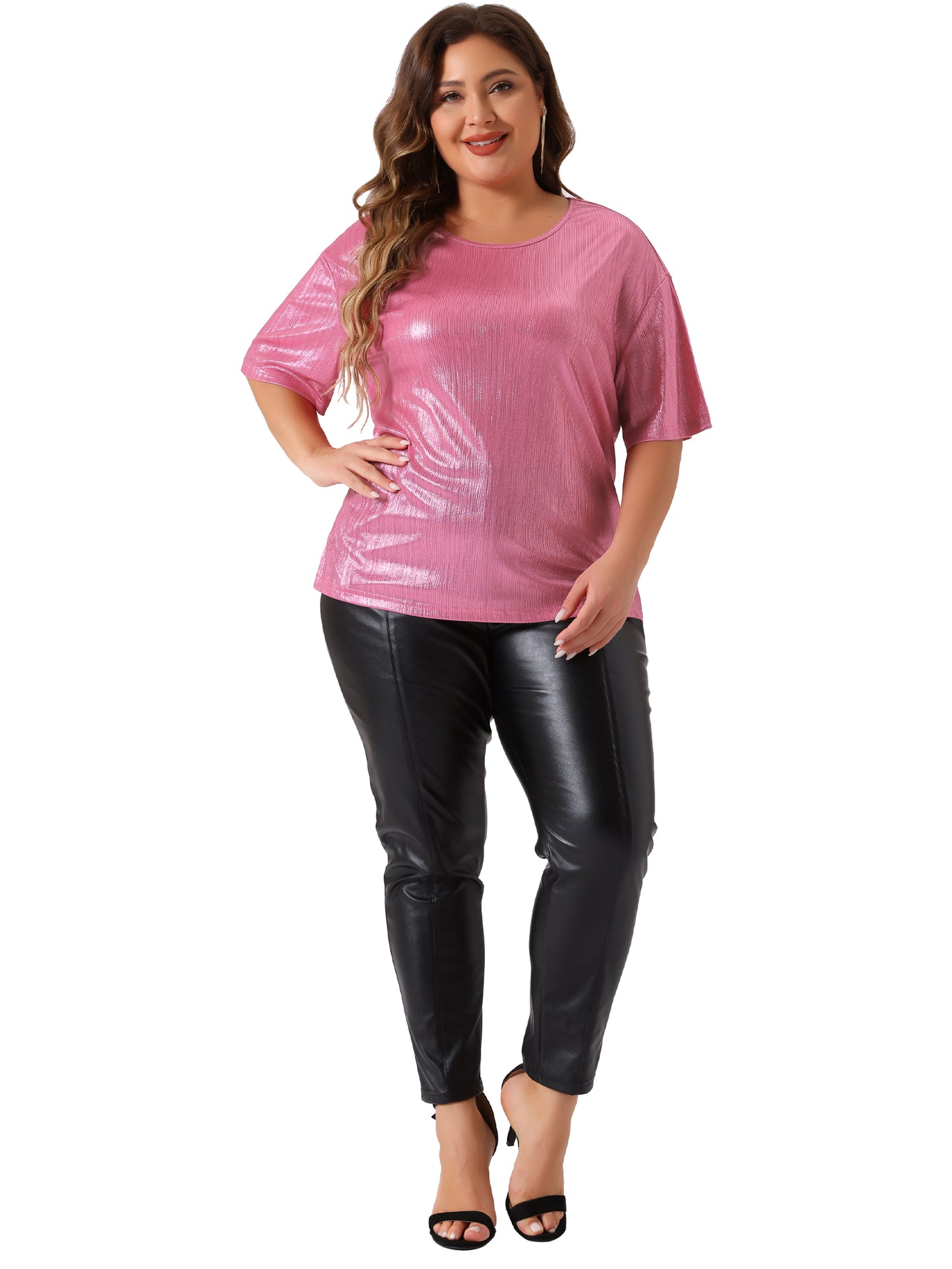 Women Plus Size Top Metallic Round Neck Short Sleeve T-Shirt Party Tee Top