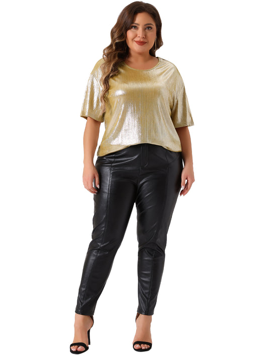 Women Plus Size Top Metallic Round Neck Short Sleeve T-Shirt Party Tee Top