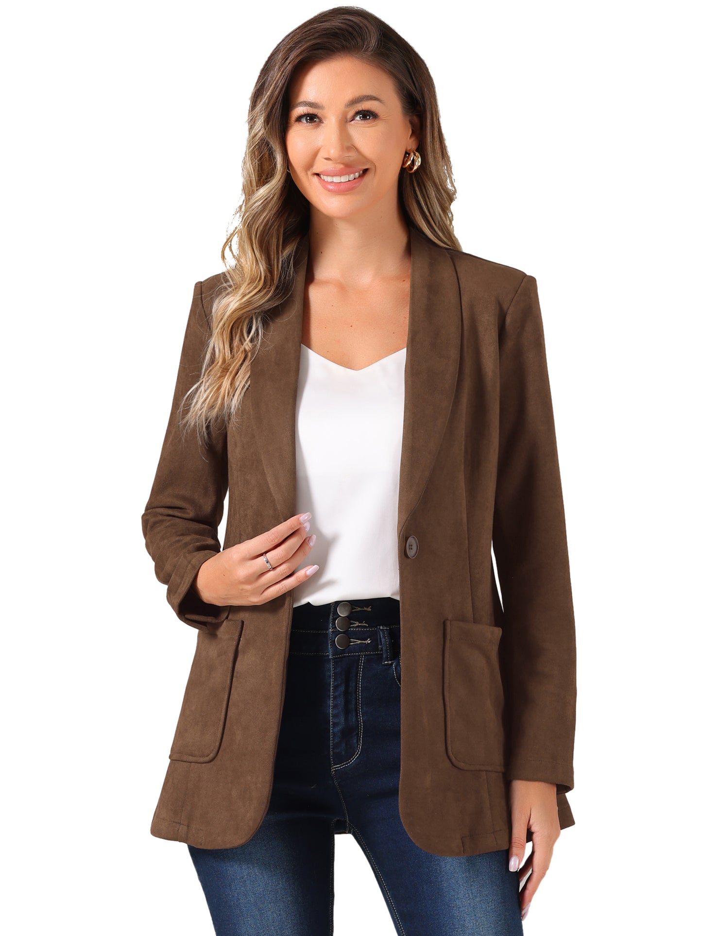 Women's Faux Suede Blazer Lapel Collar One Button Dressy Suit Jacket