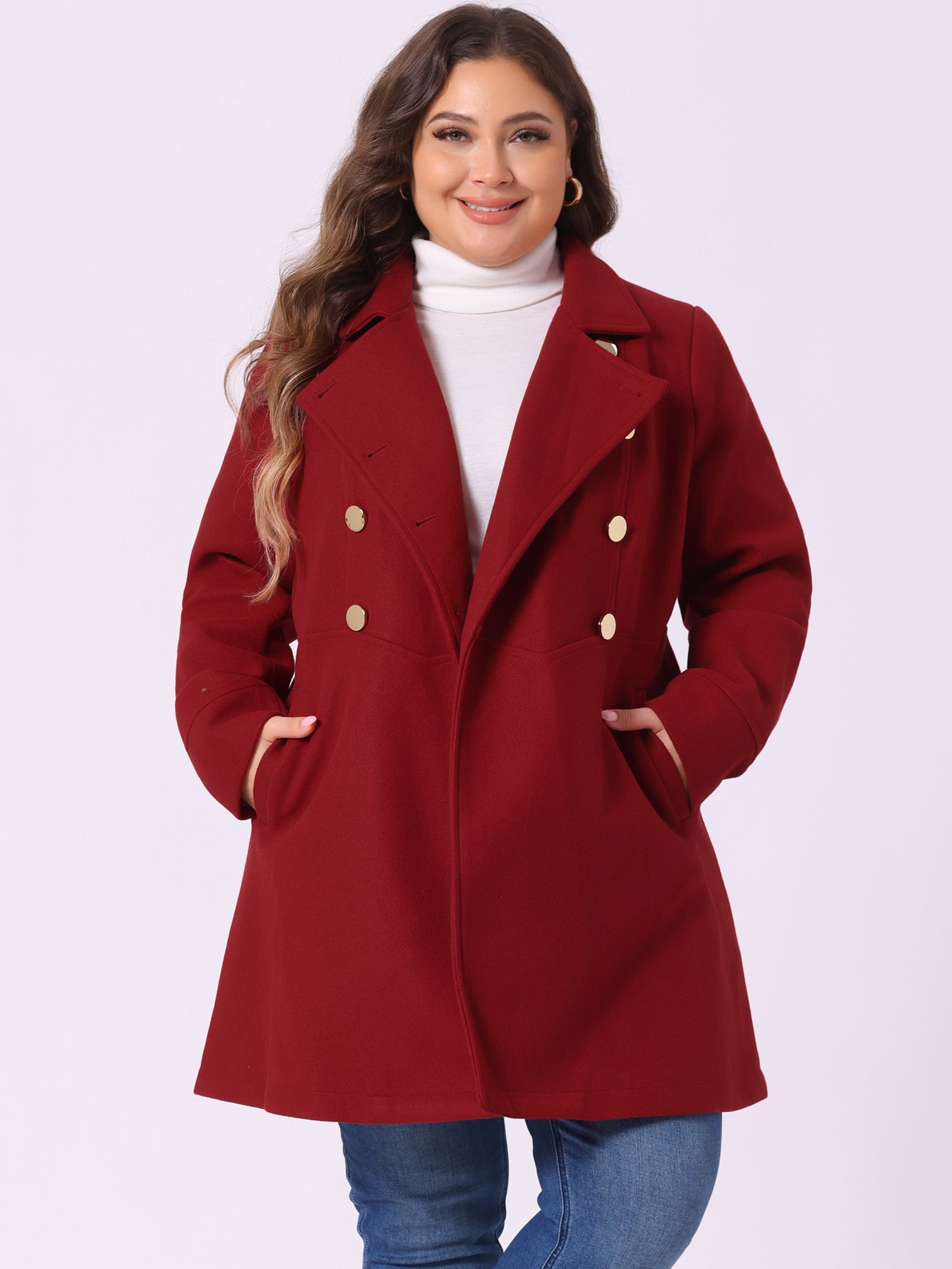 Women's Plus Size Coat A-Line Peter Pan Collar Double Breasted Fall Winter Peacoat