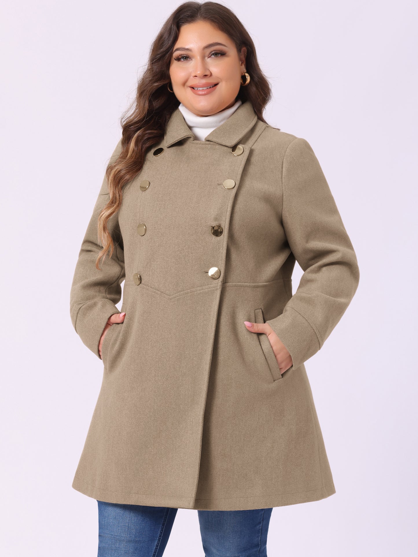 Women's Plus Size Coat A-Line Peter Pan Collar Double Breasted Fall Winter Peacoat