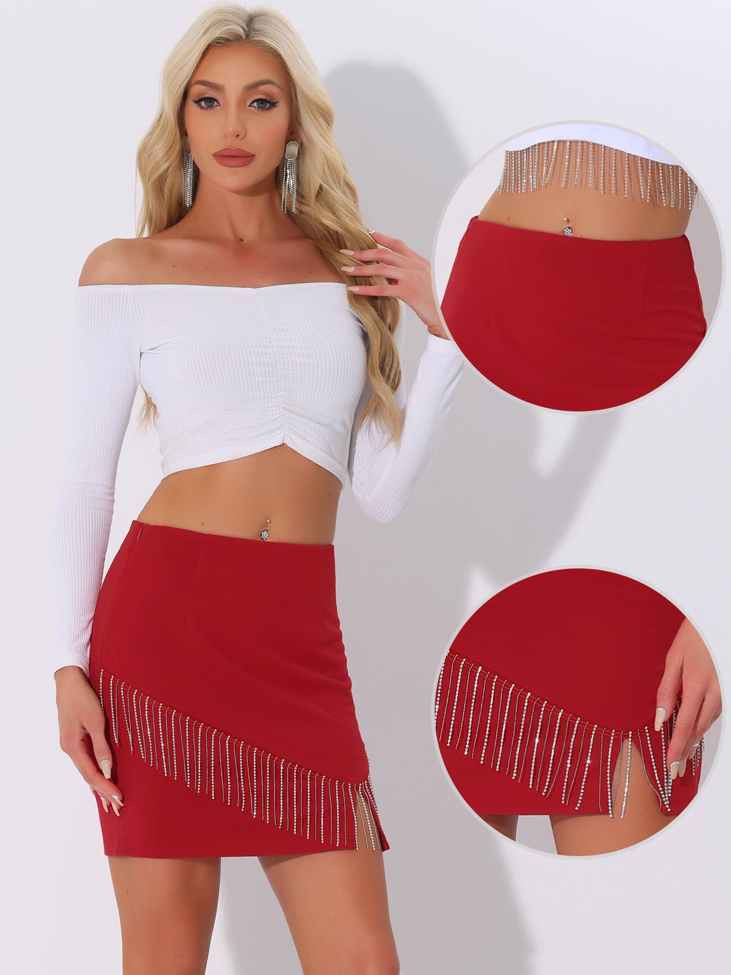 Women's Sparkly Fringe Skirt High Waist Split Mini Pencil Skirts