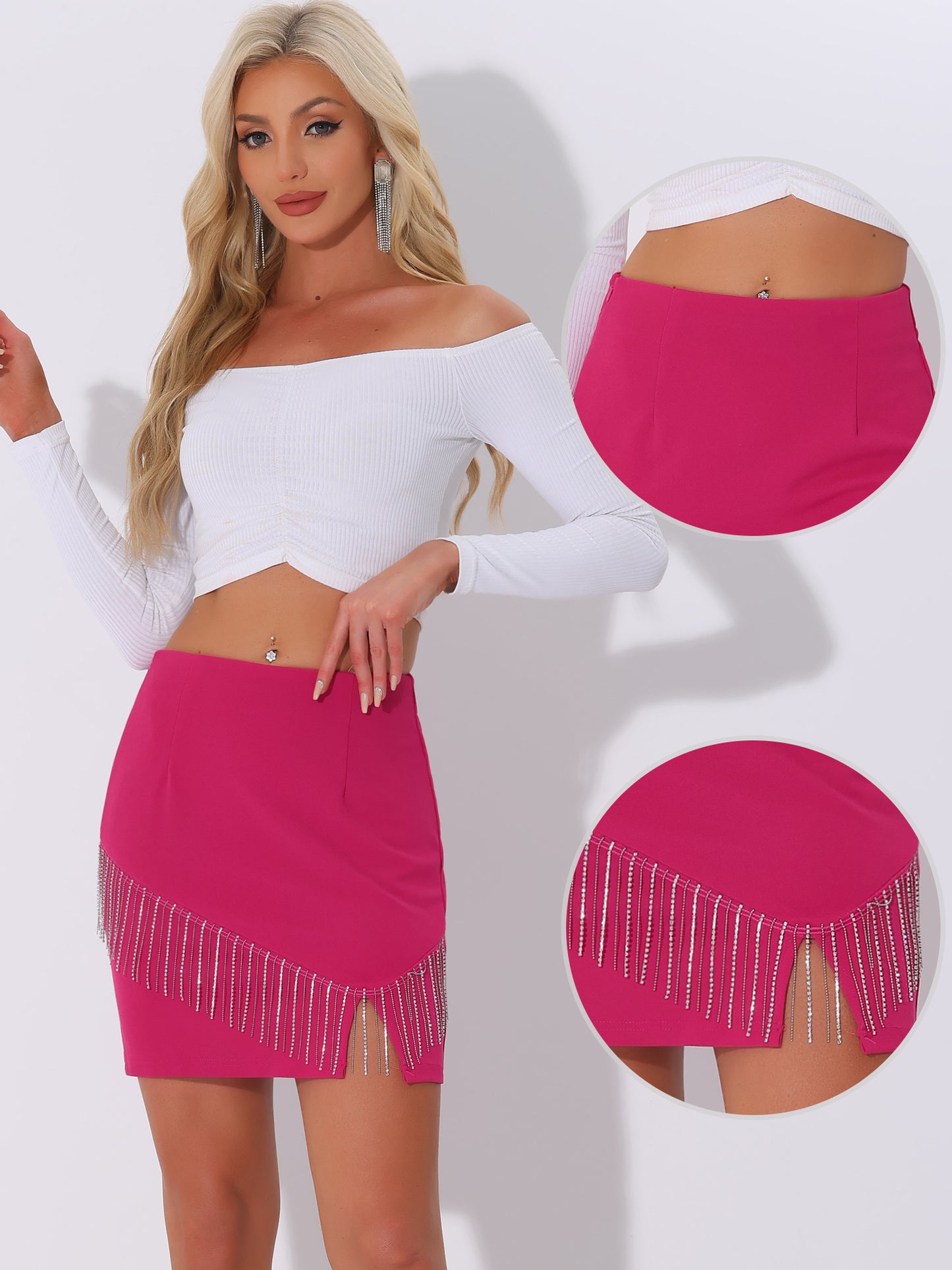 Falda mini lápiz con abertura y cintura alta con flecos brillantes para mujer