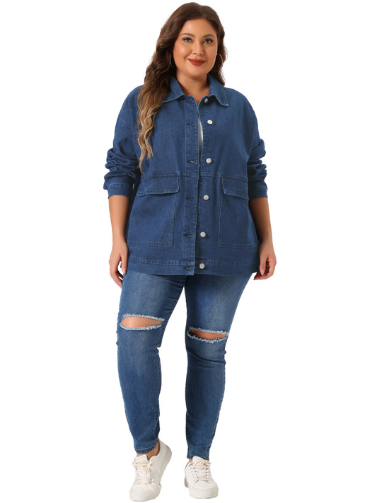 Chaqueta vaquera informal de manga larga con bolsillos para mujer, talla grande