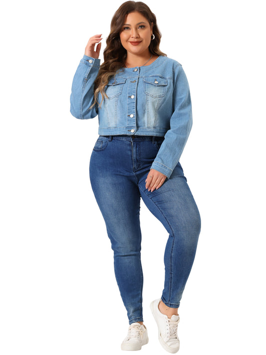 Women Plus Size Denim Collarless Chest Pockets Button Down Crop Jean Jacket
