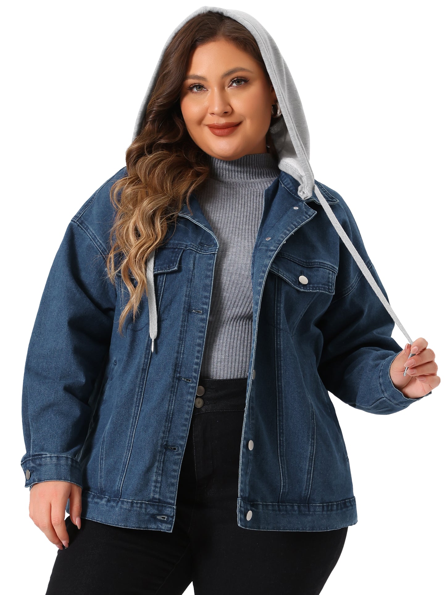 Chaqueta vaquera de talla grande para mujer, con capucha desmontable y cordón ajustable, con bolsillos