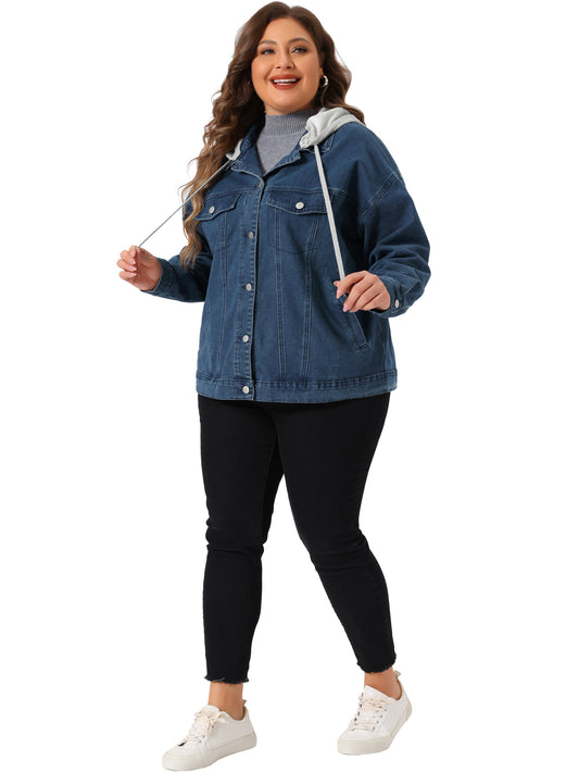 Chaqueta vaquera de talla grande para mujer, con capucha desmontable y cordón ajustable, con bolsillos