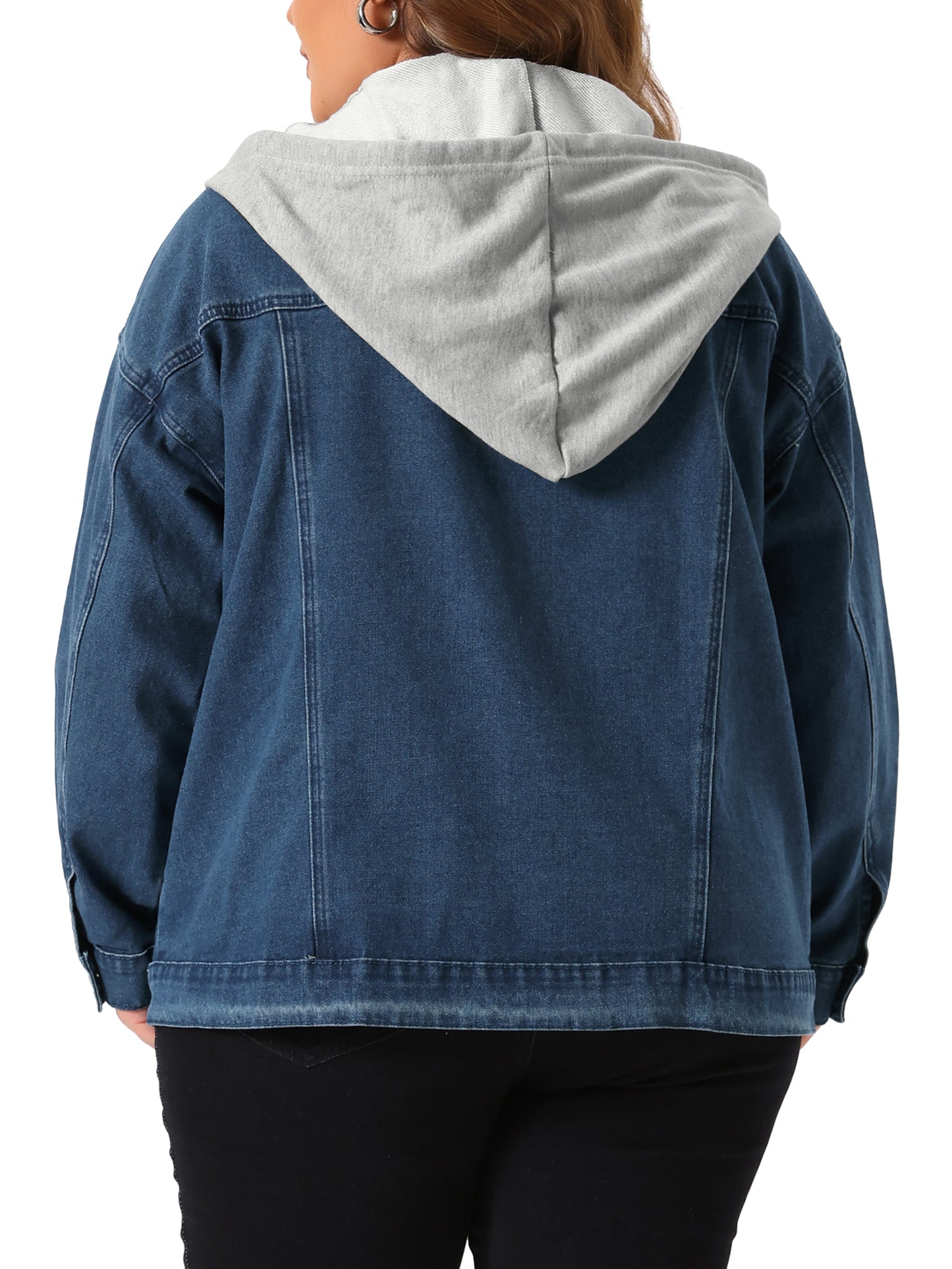 Chaqueta vaquera de talla grande para mujer, con capucha desmontable y cordón ajustable, con bolsillos