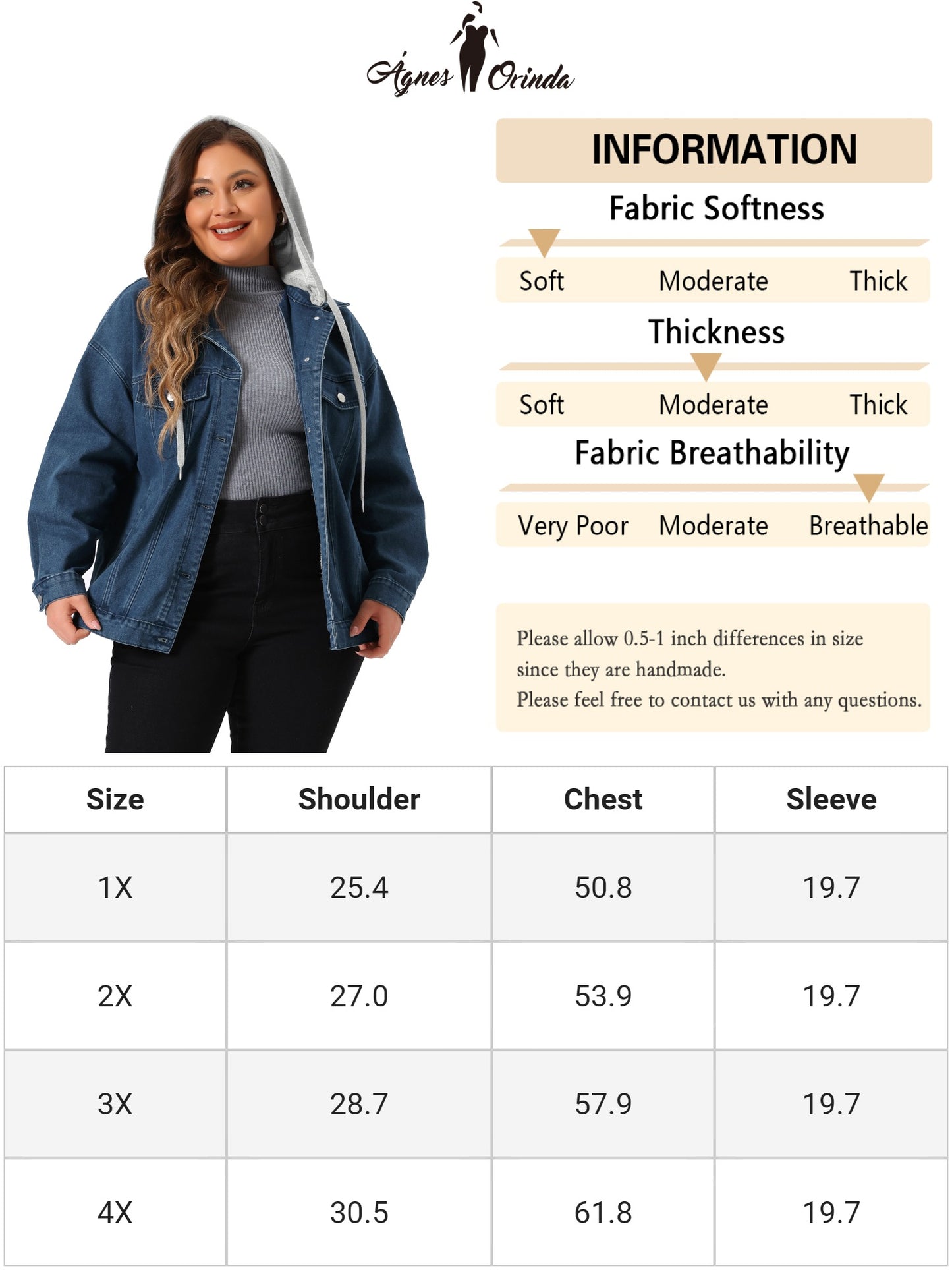 Chaqueta vaquera de talla grande para mujer, con capucha desmontable y cordón ajustable, con bolsillos