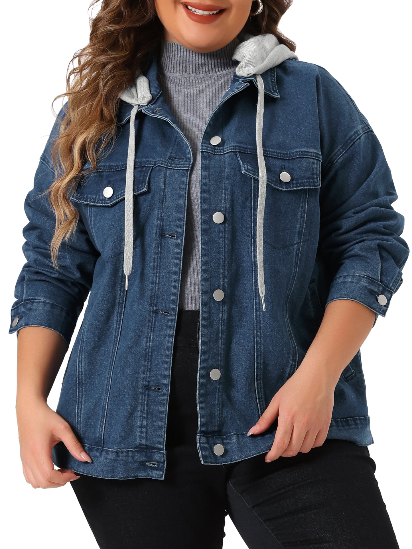 Chaqueta vaquera de talla grande para mujer, con capucha desmontable y cordón ajustable, con bolsillos