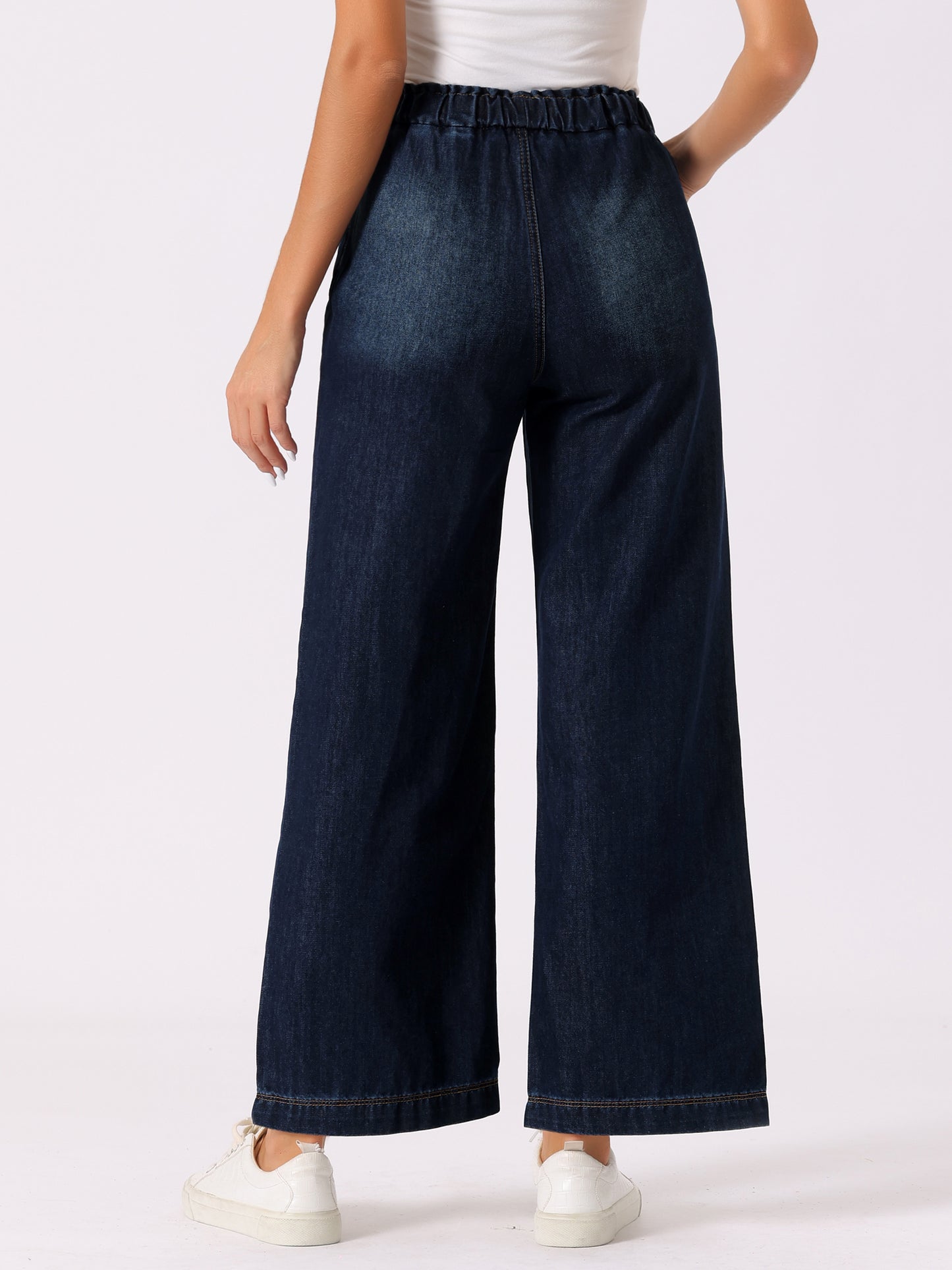 Women's Casual Denim Pants Baggy Drawstring Elastic Waist Wide Legs Jeans