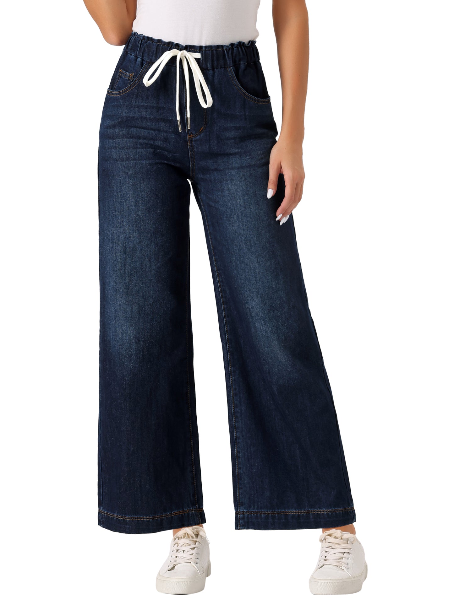 Women's Casual Denim Pants Baggy Drawstring Elastic Waist Wide Legs Jeans