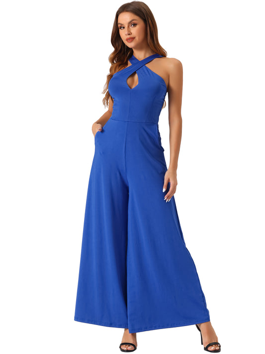 Women's Cross Neck Jumpsuits Full Length Wide Leg Sleeveless Cocktail Romper