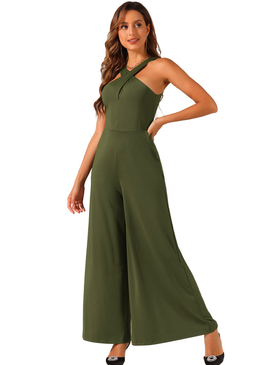 Women's Cross Neck Jumpsuits Full Length Wide Leg Sleeveless Cocktail Romper