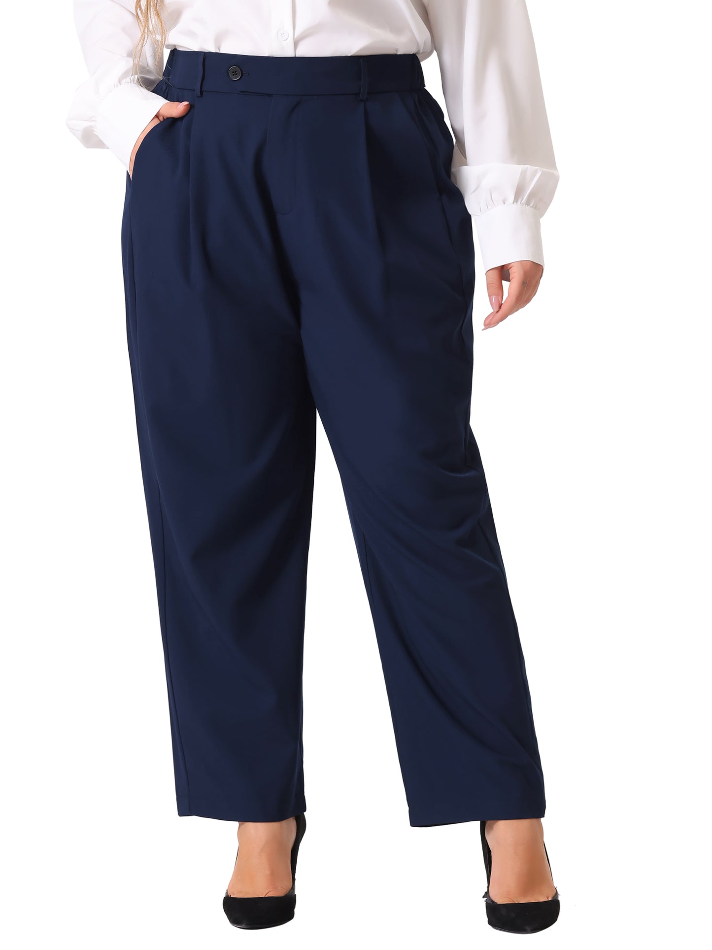 Women Plus Size Pants Elastic High Waisted Long Straight Business Casual Work Pants Trousers with Pockets