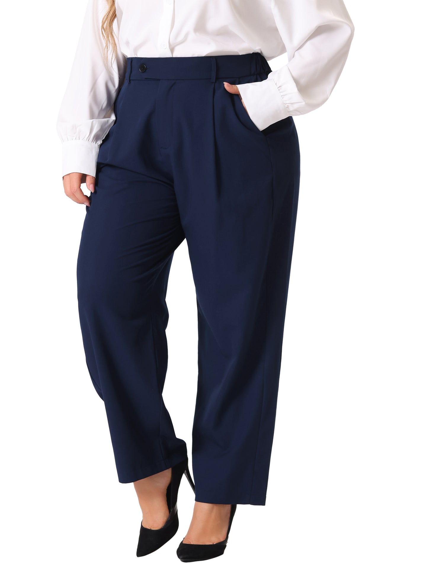 Women Plus Size Pants Elastic High Waisted Long Straight Business Casual Work Pants Trousers with Pockets