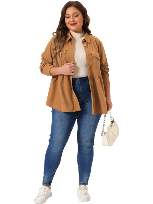 Women Plus Size Corduroy Shirts Peplum Cute Long Sleeve Button Down with Pockets Tops