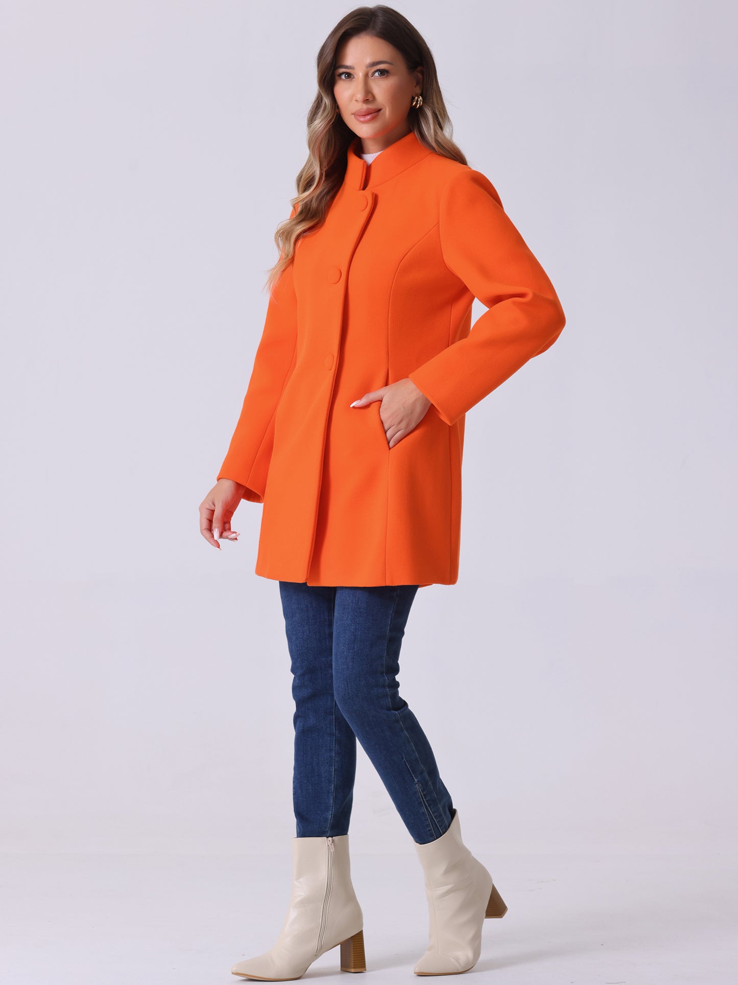Women's Winter Overcoat Mid-Long Stand Collar Single Breasted Coat Outerwear, Light Colors