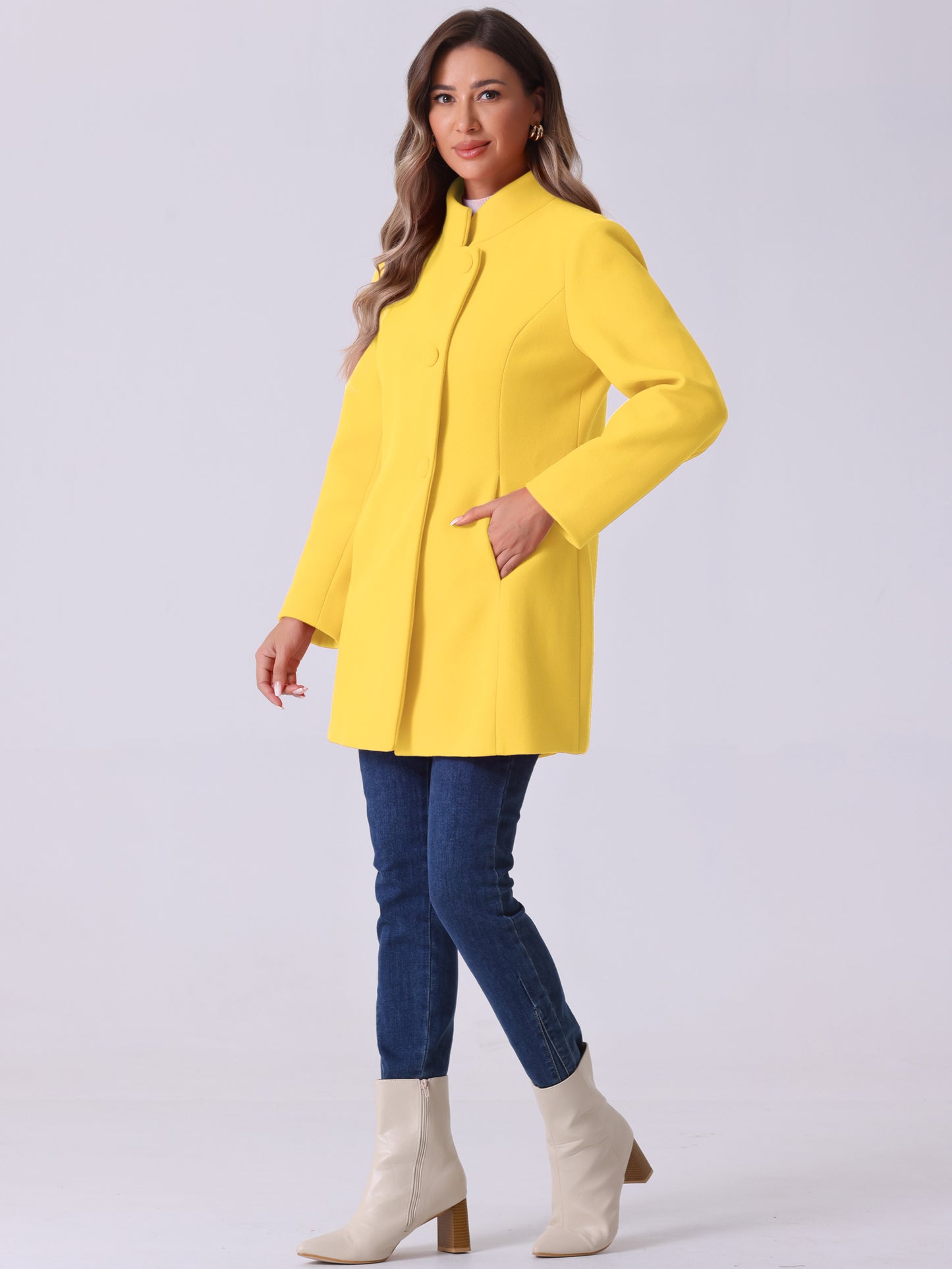 Women's Winter Overcoat Mid-Long Stand Collar Single Breasted Coat Outerwear, Light Colors