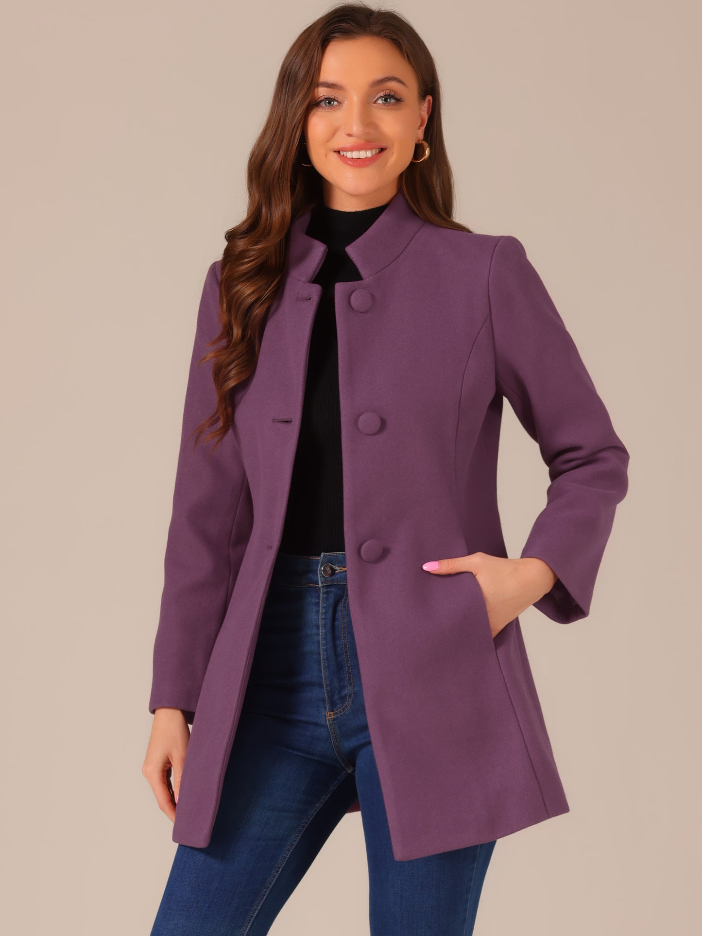 Women's Winter Overcoat Mid-Long Stand Collar Single Breasted Coat Outerwear, Deep Colors