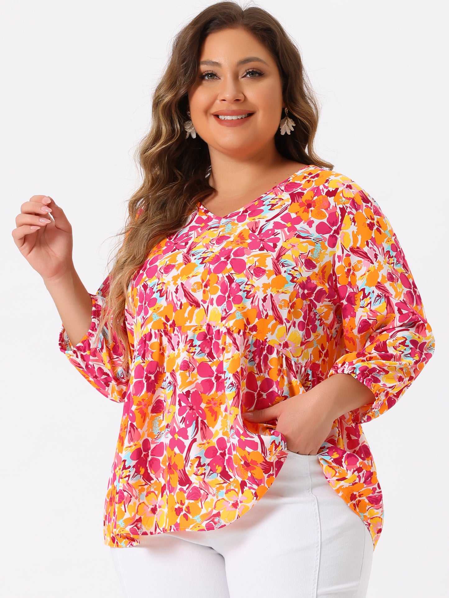 Women's Plus Size Top V Neck Babydoll Flowy 3/4 Lantern Sleeve Floral Blouse