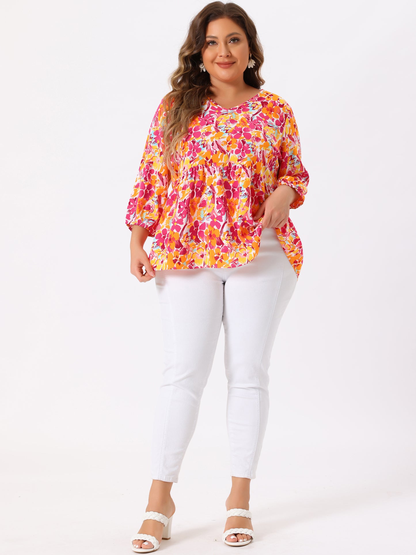 Women's Plus Size Top V Neck Babydoll Flowy 3/4 Lantern Sleeve Floral Blouse