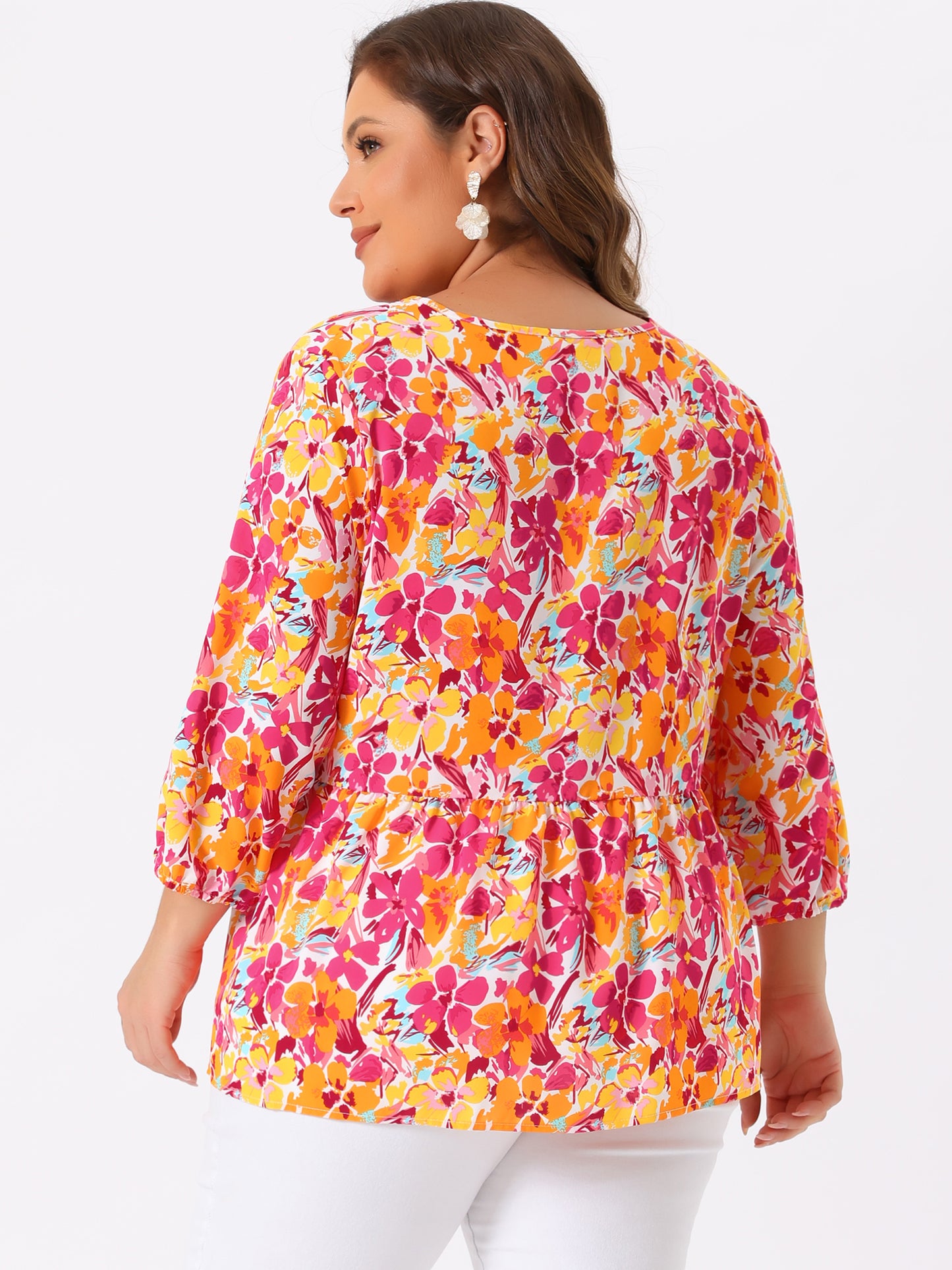 Women's Plus Size Top V Neck Babydoll Flowy 3/4 Lantern Sleeve Floral Blouse