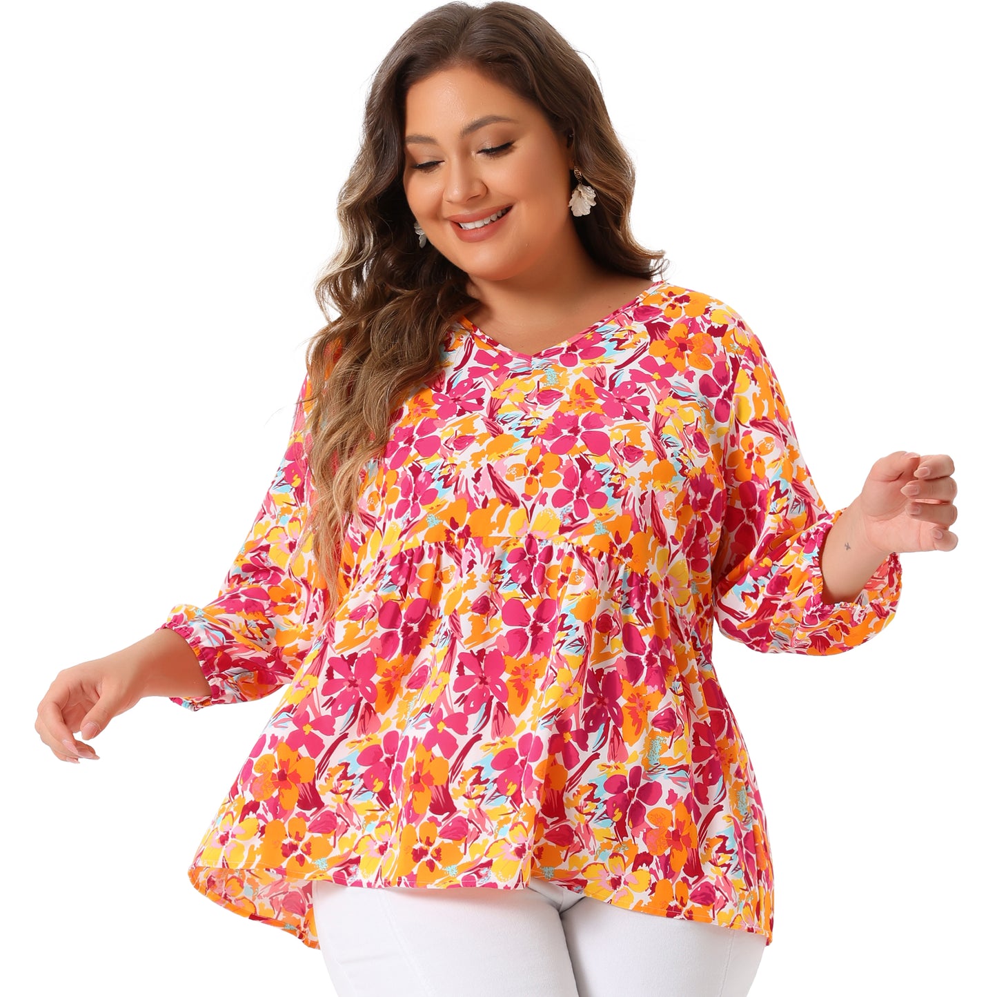 Women's Plus Size Top V Neck Babydoll Flowy 3/4 Lantern Sleeve Floral Blouse