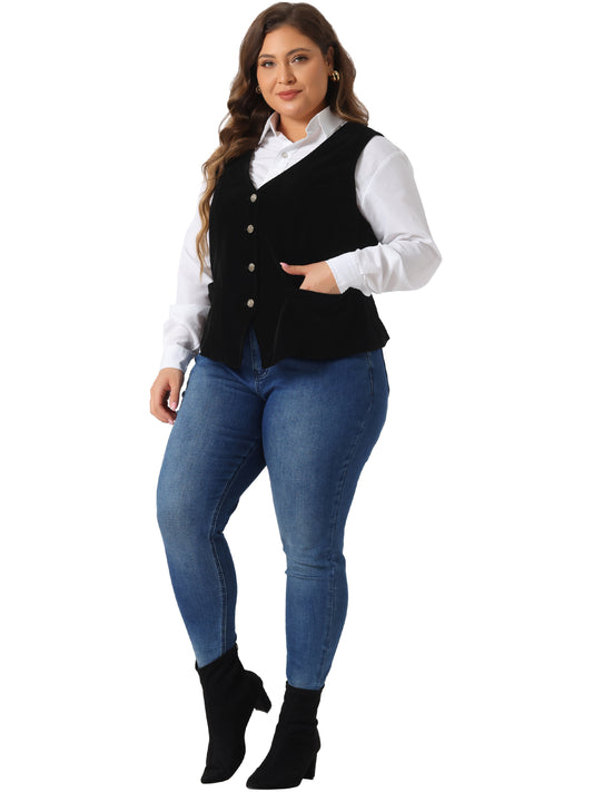 Women Plus Size Vests Waistcoat Steampunk Velvet Sleeveless Button Down V Neck Suit Vest