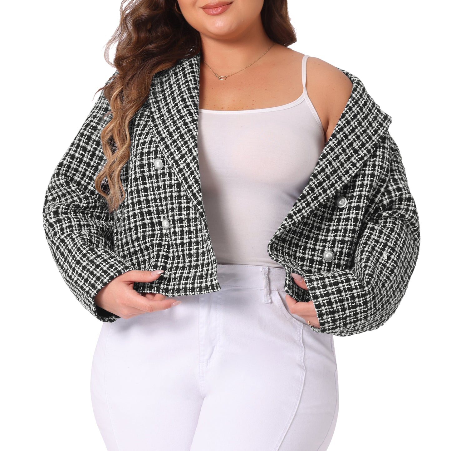 Women Plus Size Tweed Blazer Jacket Notched Lapel Business Casual Fashion Elegant Spring Jackets