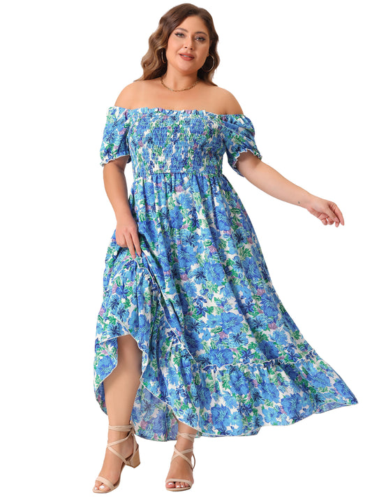 Women Plus Size Short Sleeve Shirred Square Neck Floral Maxi Long Dress