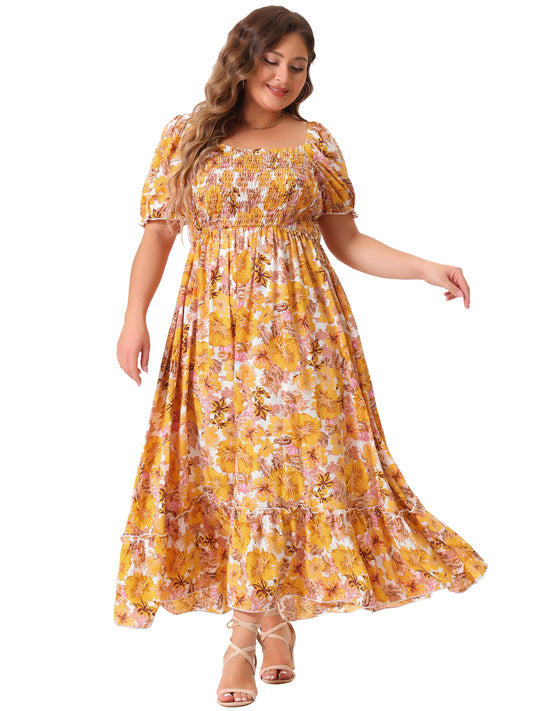 Vestido maxi largo floral con escote cuadrado y manga corta fruncido para mujer, talla grande