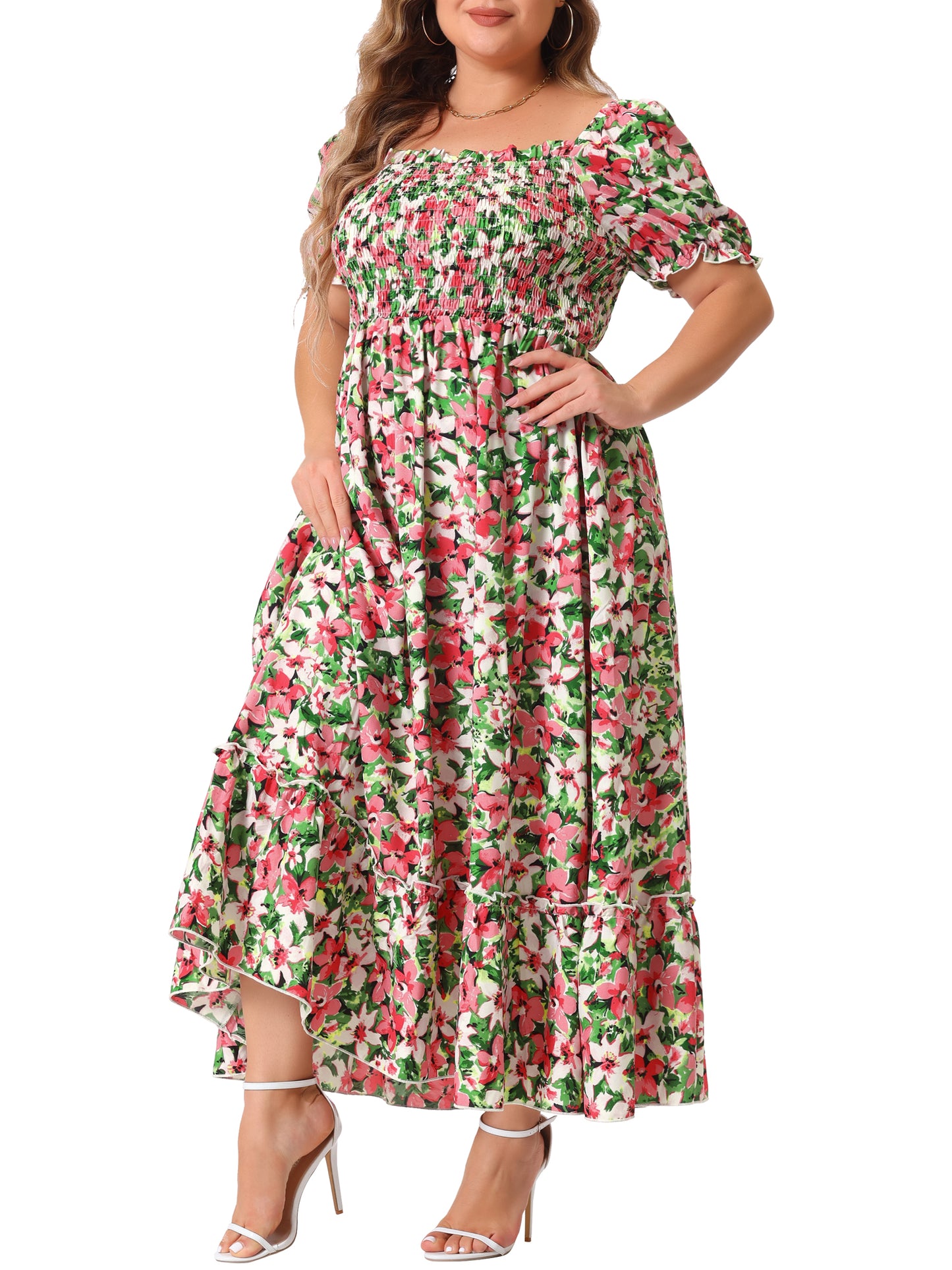 Women Plus Size Short Sleeve Shirred Square Neck Floral Maxi Long Dress