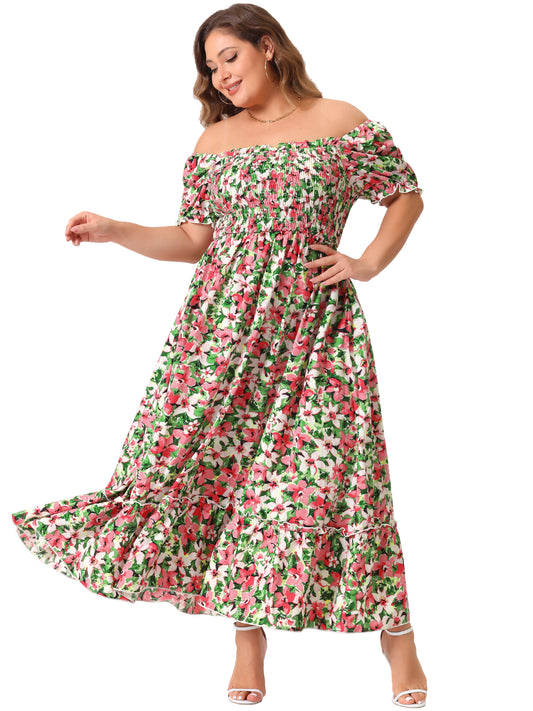 Vestido maxi largo floral con escote cuadrado y manga corta fruncido para mujer, talla grande