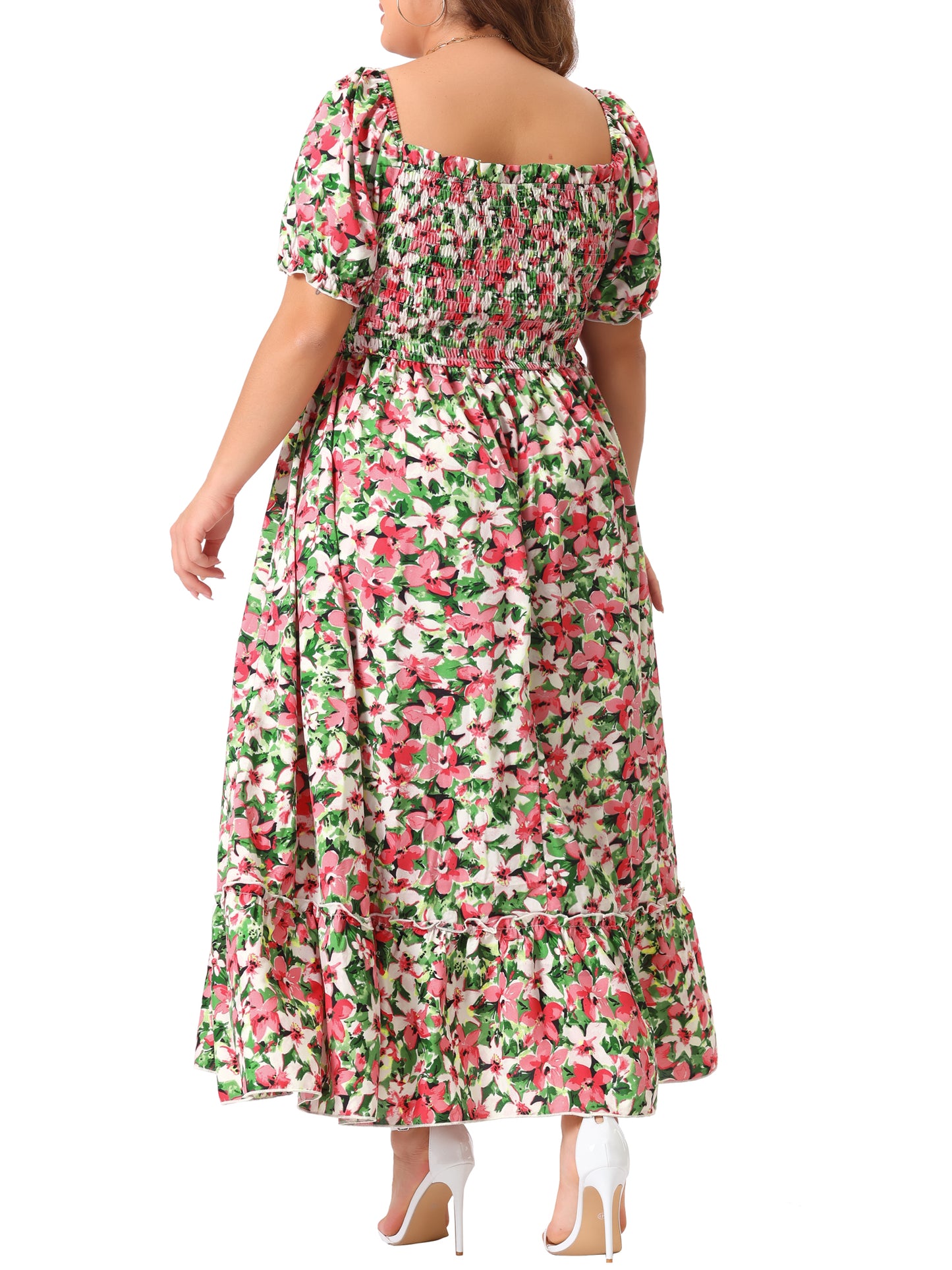 Women Plus Size Short Sleeve Shirred Square Neck Floral Maxi Long Dress