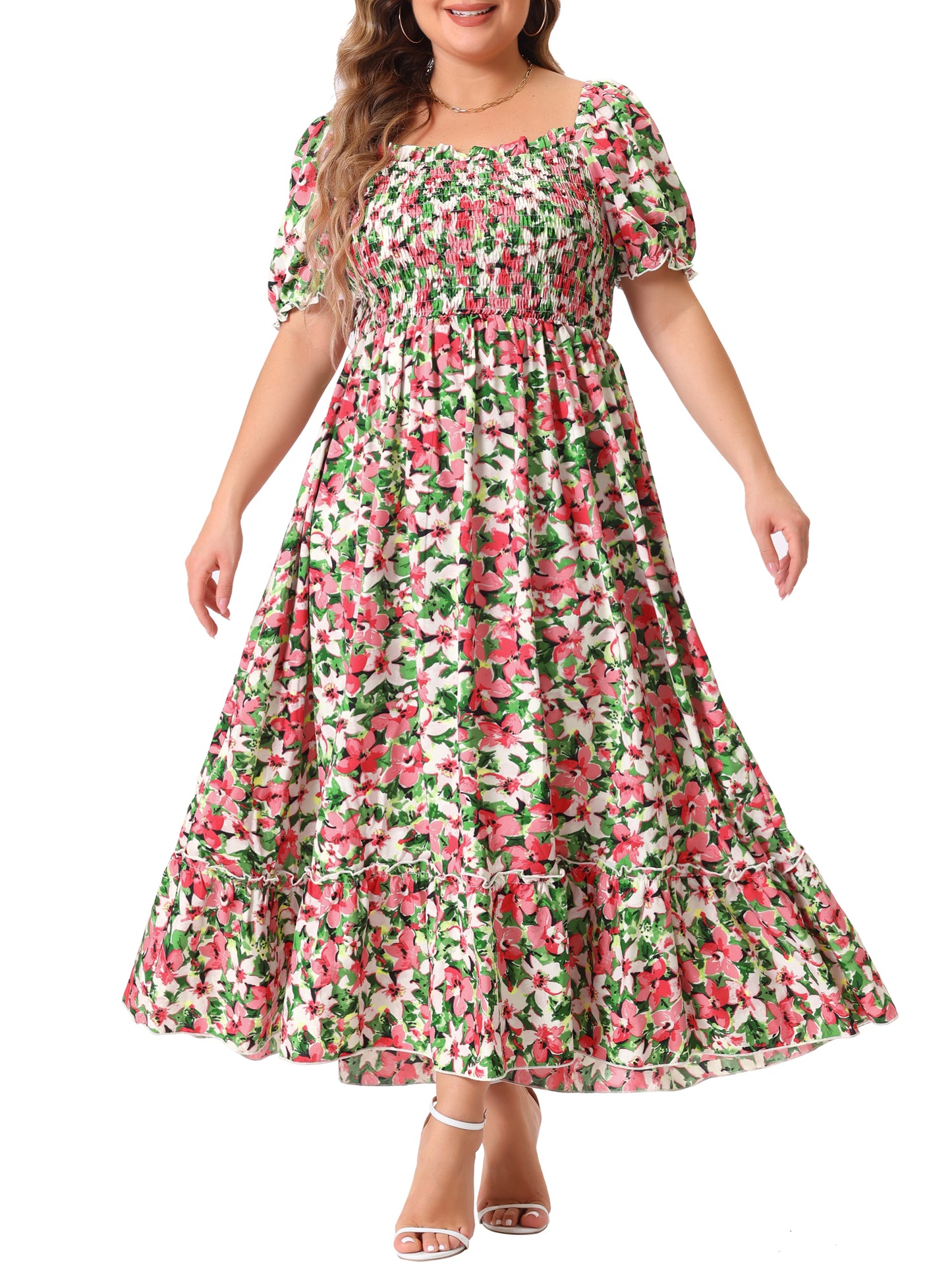 Women Plus Size Short Sleeve Shirred Square Neck Floral Maxi Long Dress