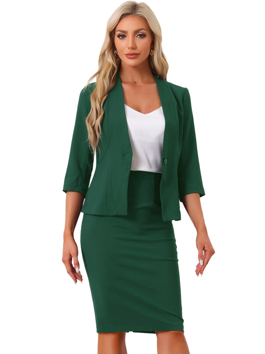 Women's 2 Piece Business Skirt Suit Set Office Work Collarless Blazer Pencil Skirt