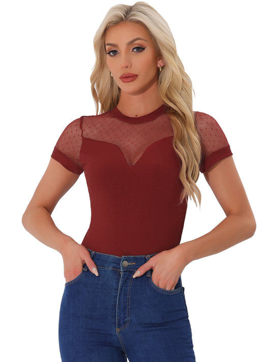 Women's Mesh Panel V Neck Knit Top Short Sleeve Bodysuit