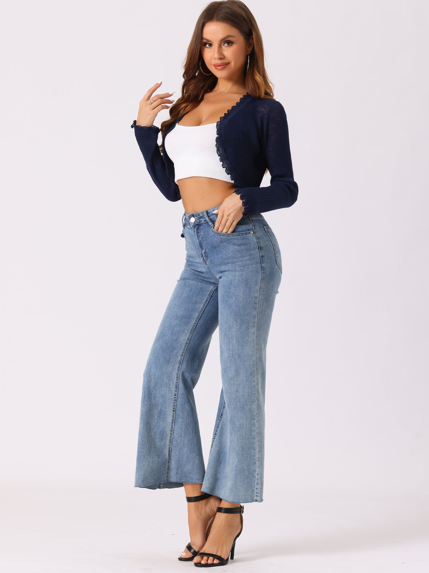 Cárdigan tipo bolero informal de punto con mangas largas y volantes para mujer, de primavera